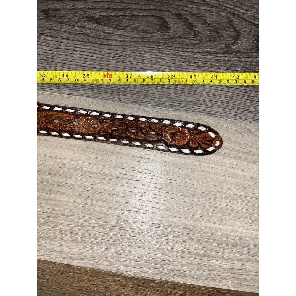 Vtg Tex-Made Tooled Leather Western Belt Size 38 Eagle Laced Snap On No Buckle